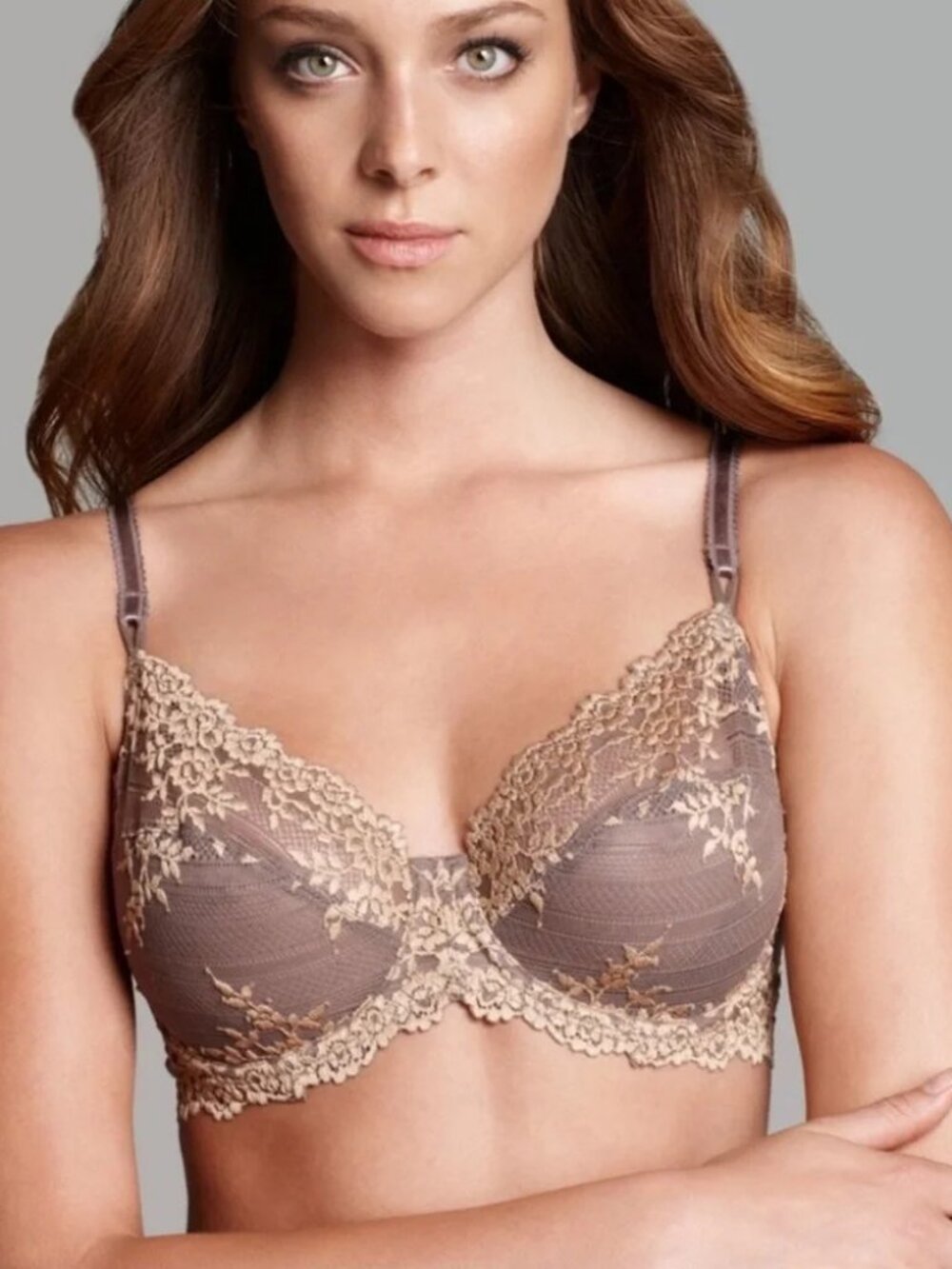 Wacoal 65191 Embrace Lace Bra Embroidered Mesh Underwire Mocha Floral 36DDD 36F